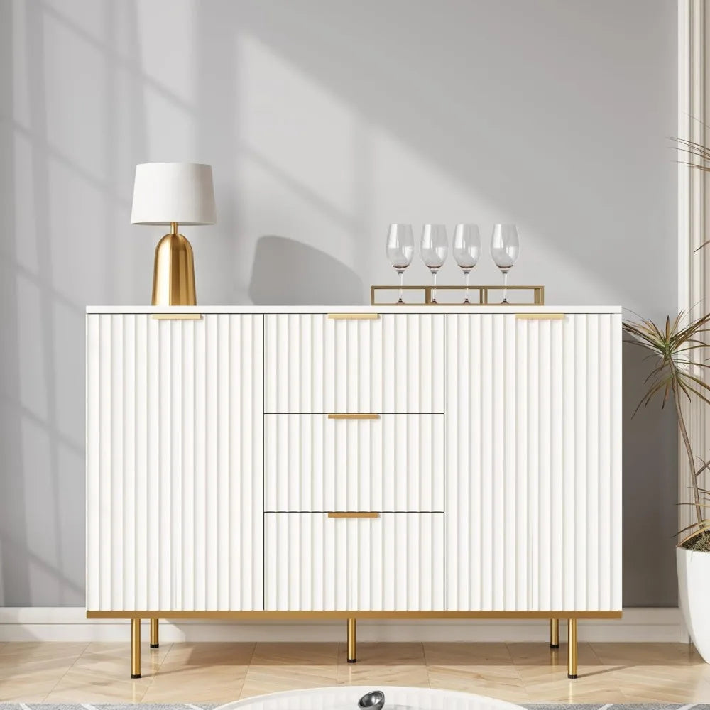 Fluted Sideboard Cabinet Elegant White Two Door 3 Drawers