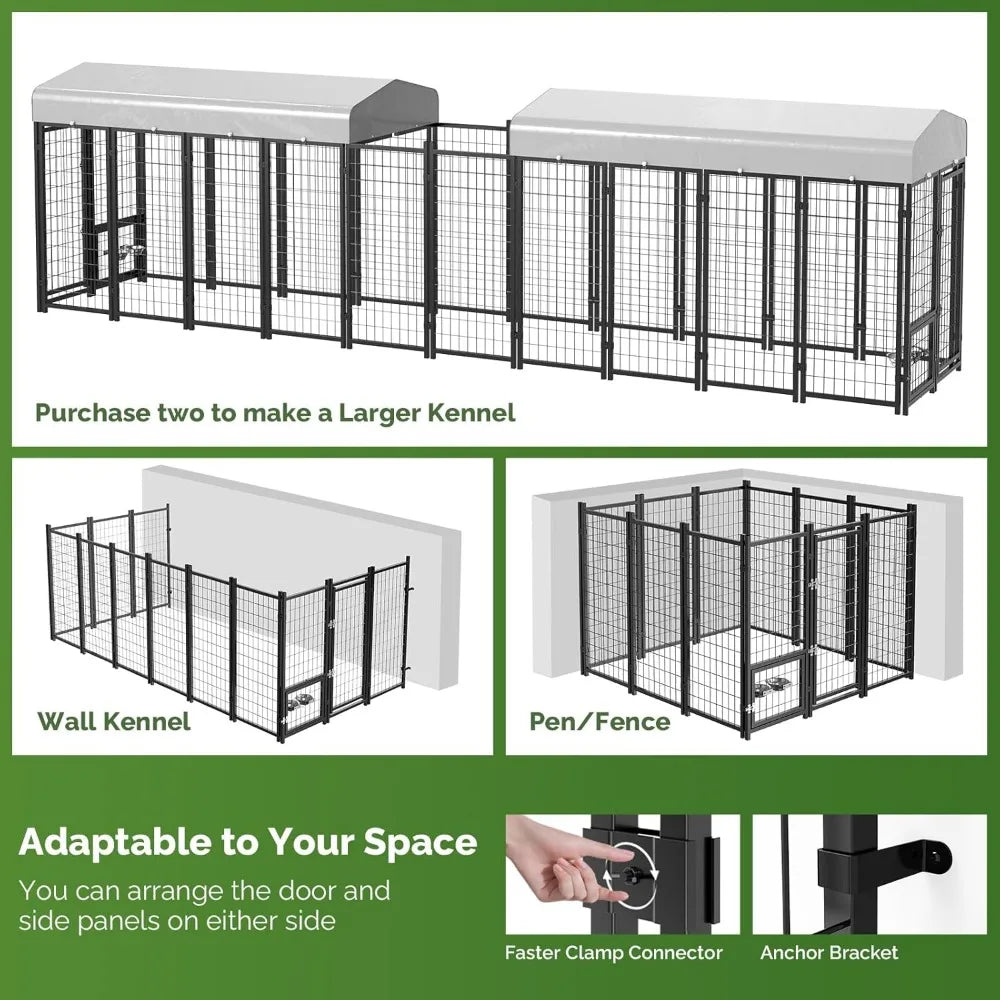 2PCS Outdoor Dog Kennel Outside Run with Doggy Door Roof