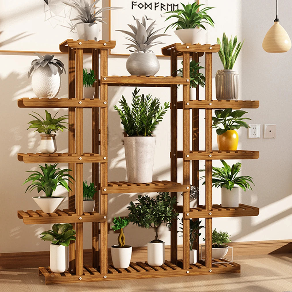 Large 11 Tiered Wood Plant Stand Carbonized For Outdoor