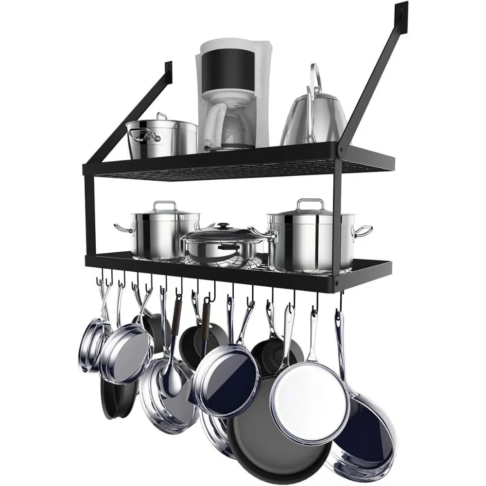 Square Grid Wall Mount Pot Rack with 2-Tier 15 Hooks