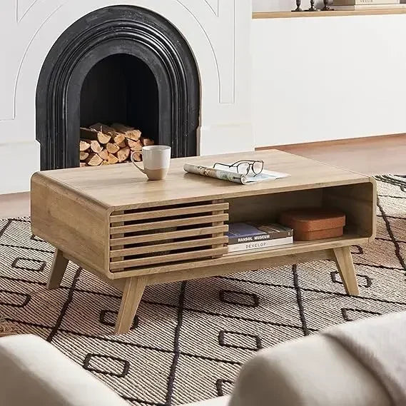 Mid Century Modern Coffee Table with Storage Fluted Design
