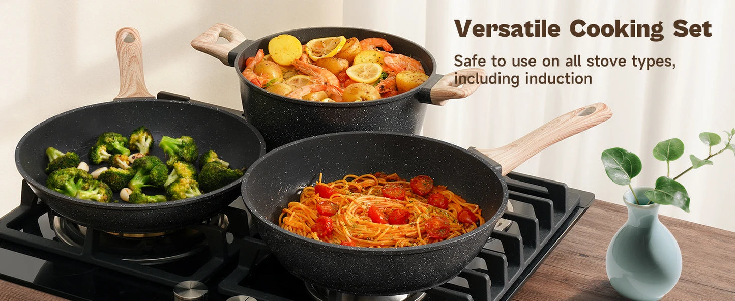 Black Granite Nonstick Pots and Pans Set Induction Nontoxic
