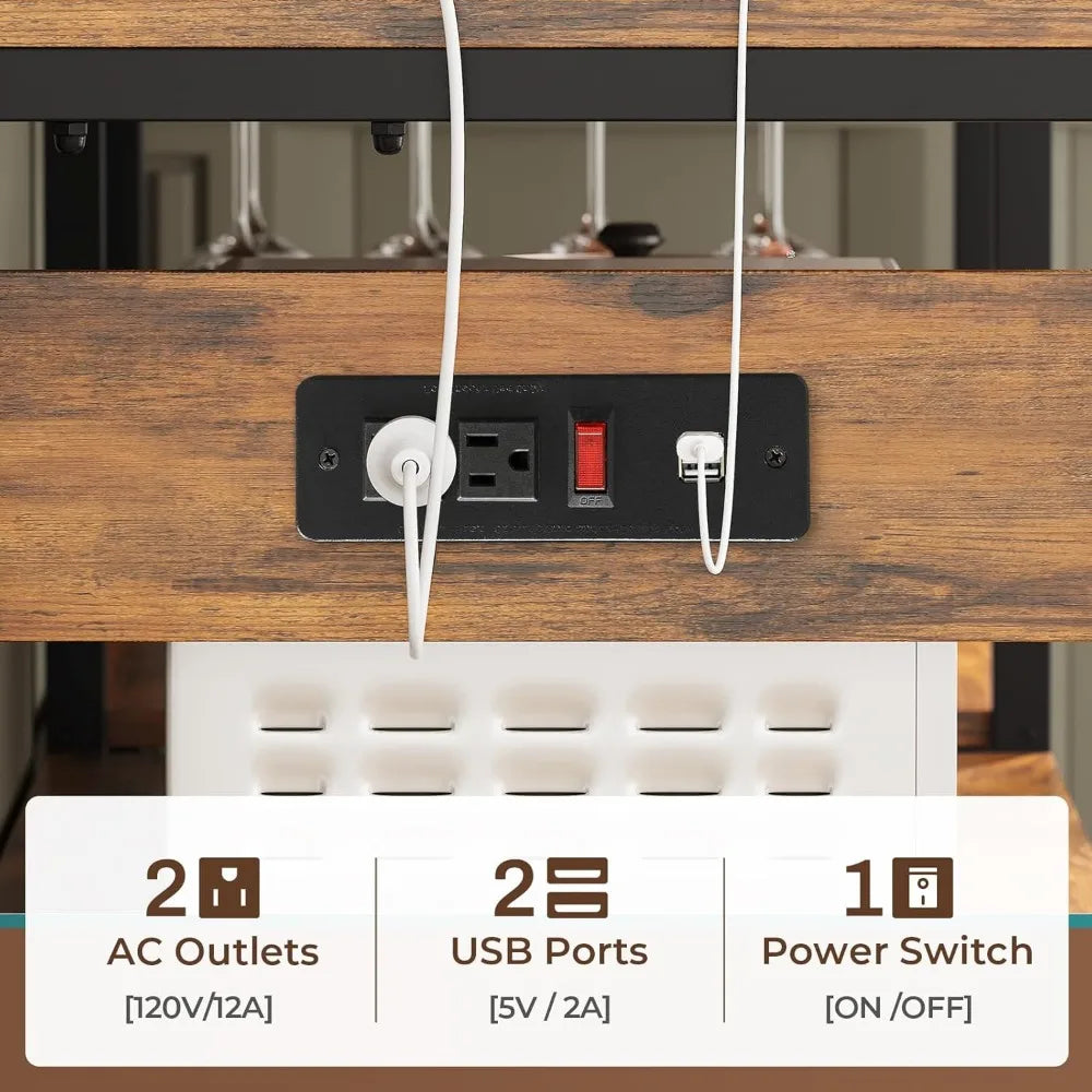 Bakers Rack with Power Outlet and LED Light, 45.3 Inch Farmhouse Coffee Bar Cabinet, Kitchen Microwave Stand with Storage