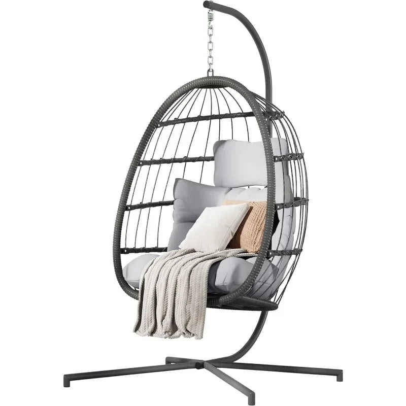 Hanging Egg Chair With Stand Grey Cushioned Patio Wicker
