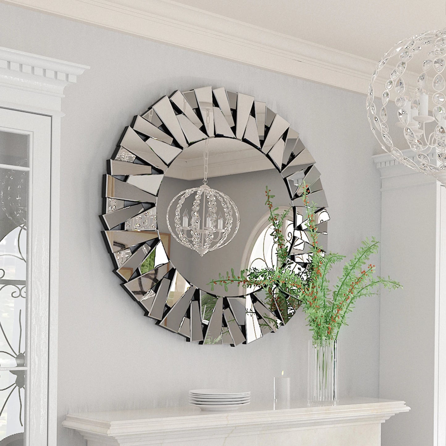 32 Inch Round Sunburst Wall Mirror Modern Silver Beveled