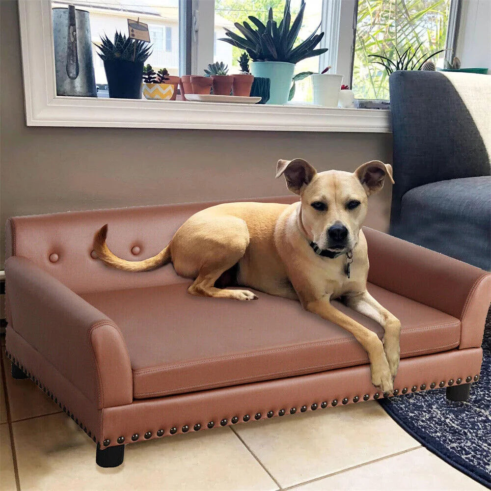 Large Elevated PU Leather Dog Bed With Removable Cushion
