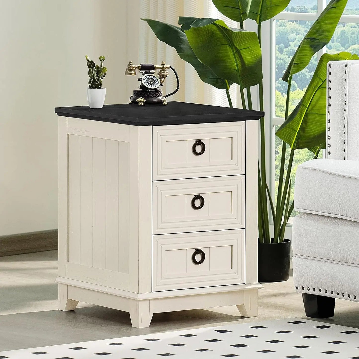 Farmhouse Night Stand with Charging Station, 2 Drawers Nightstand