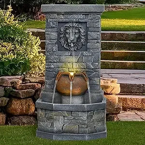 Outdoor Lion Head Stone Water Fountain With Lights Patio