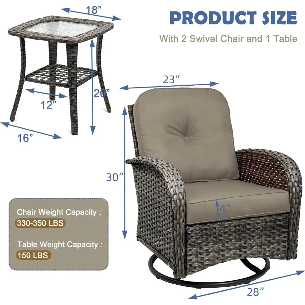 3-Piece Swivel Rocker Wicker Chair Set of 2 for Outdoor Use