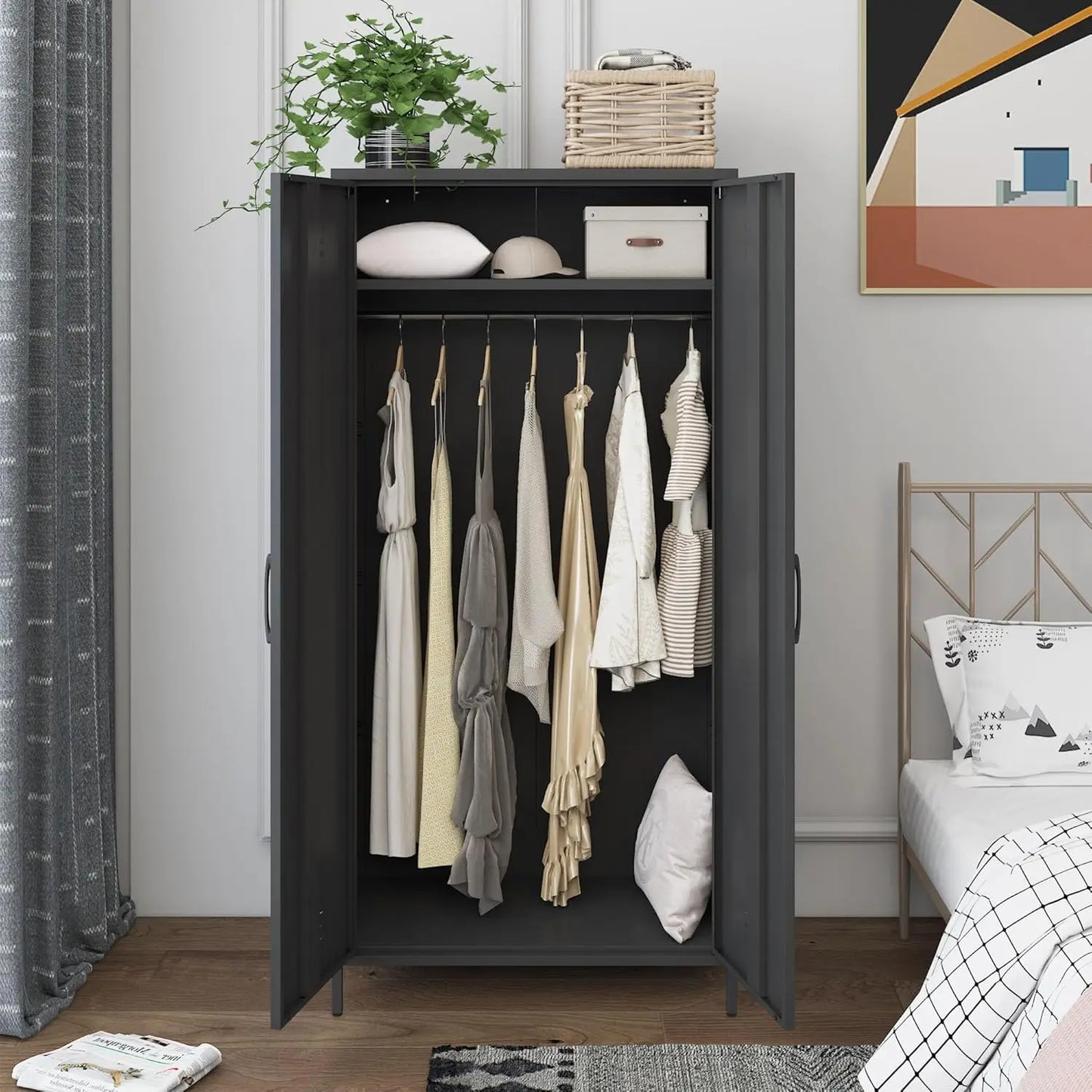 White Metal Armoire Wardrobe Cabinet 2 Doors 4 Shelves