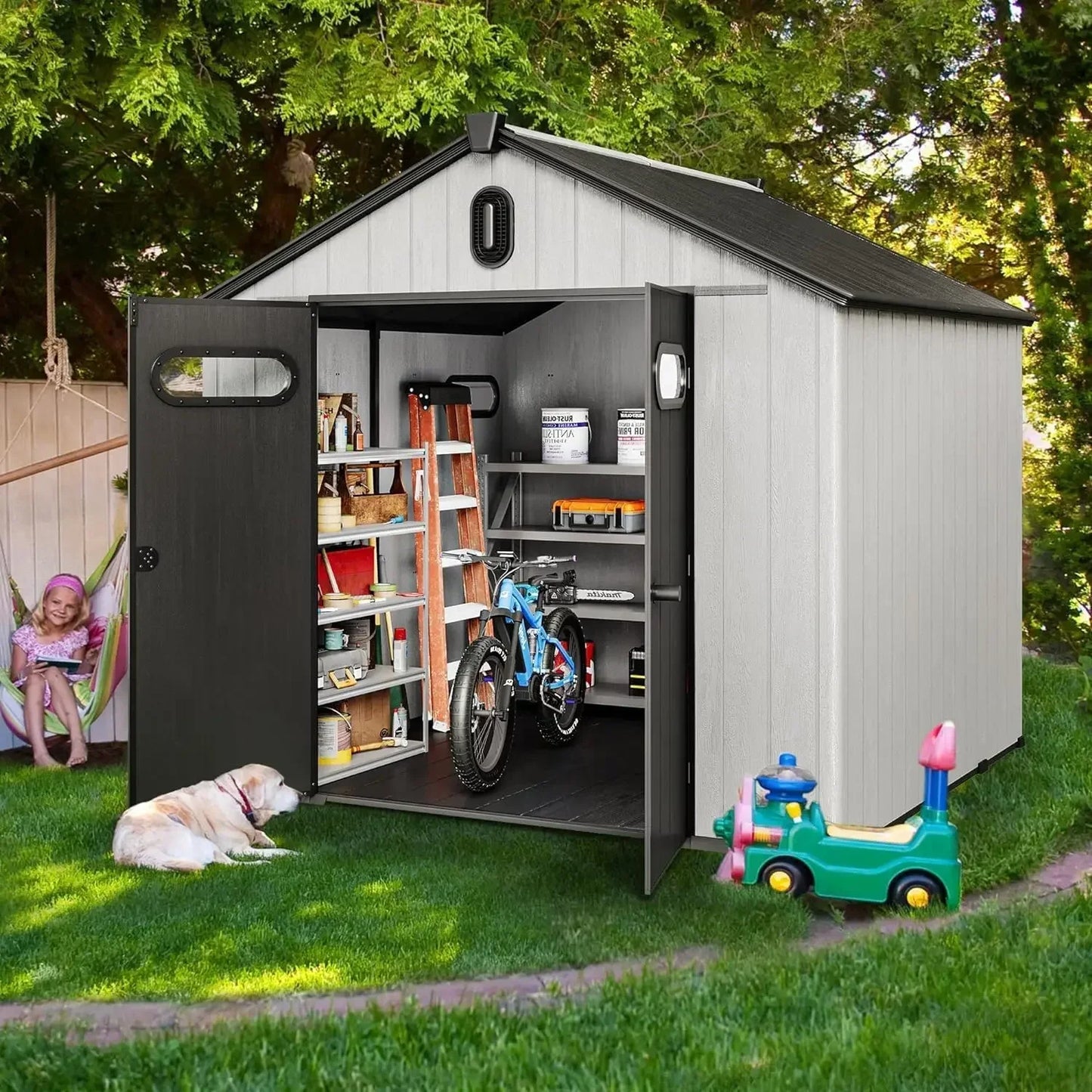 8x8ft Waterproof Resin Garden Shed with Door and Windows