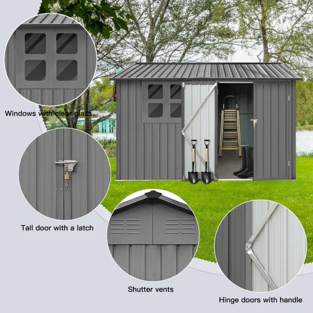 6 X 8 Ft Metal Garden Sheds With Lockable Doors Grey