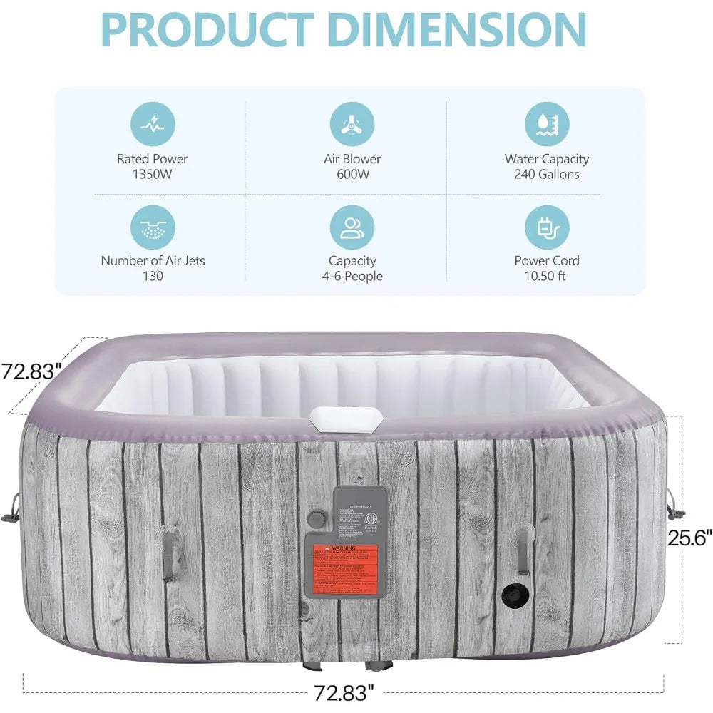 73 Inch Square Inflatable Hot Tub for 4-6 People Outdoors