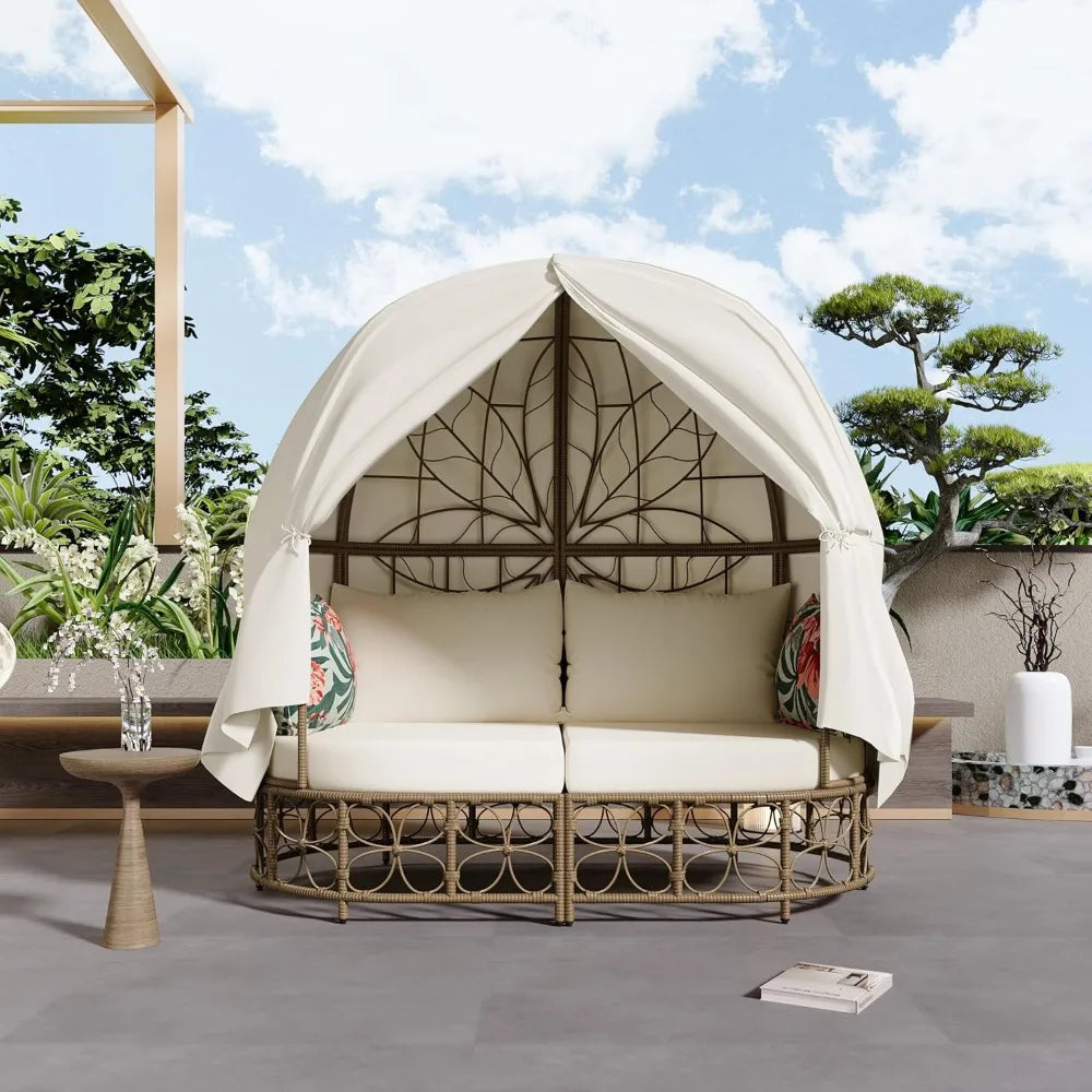 Wicker Patio Daybed with Curtain and Colorful Pillows