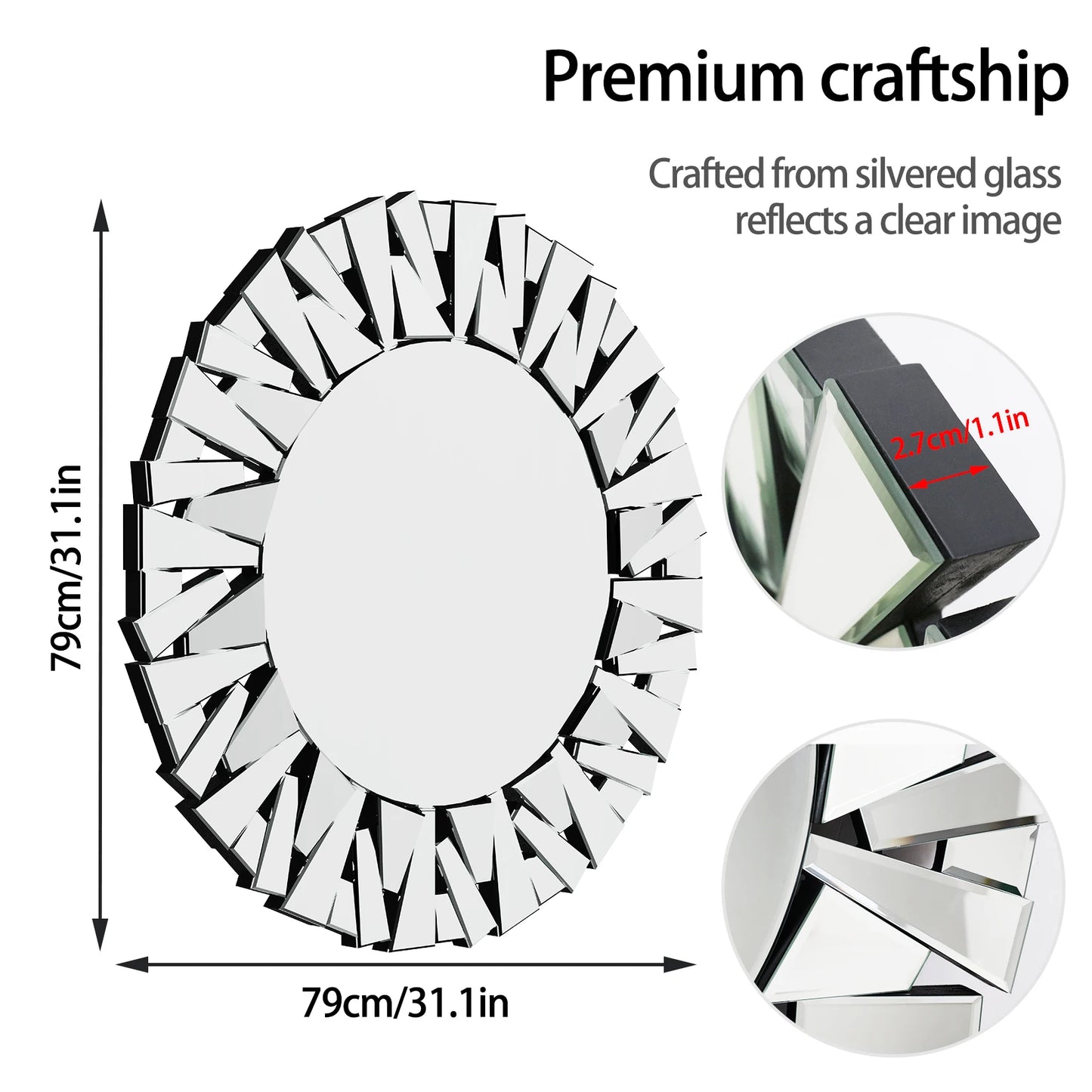 32 Inch Round Sunburst Wall Mirror Modern Silver Beveled