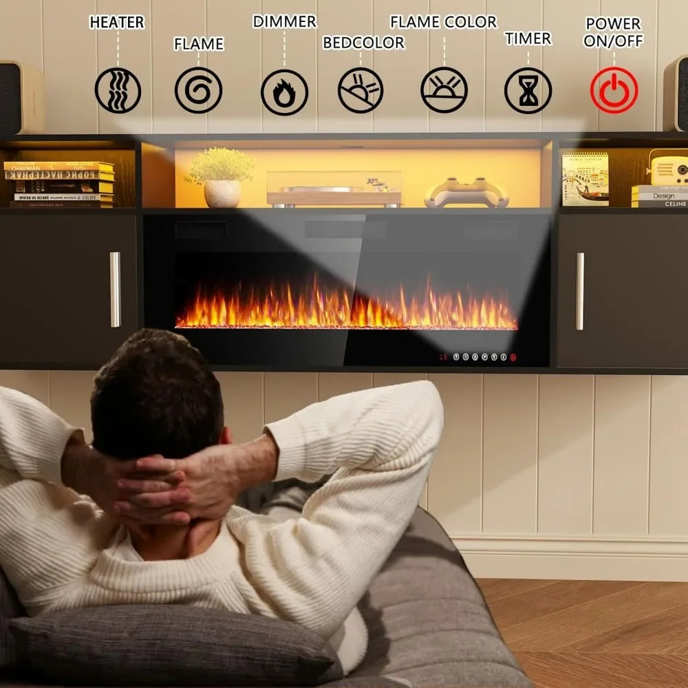 70" Floating TV Stand with 36" Electric Fireplace and LED Lights