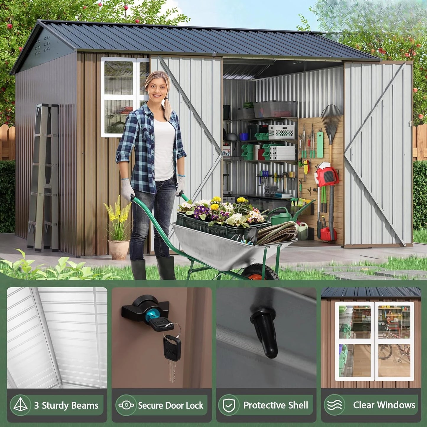 10x10 FT Outdoor Storage Shed, Large Metal Tool Sheds