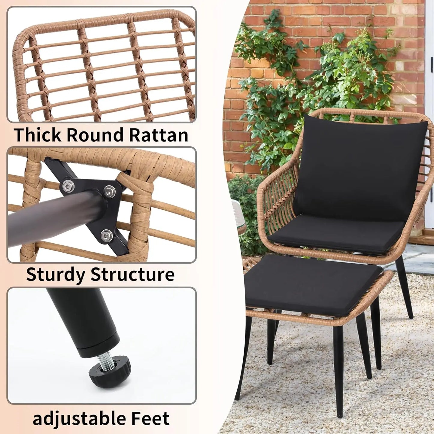 5 Piece Wicker Bistro Patio Set 2 Chairs 2 Ottomans Natural