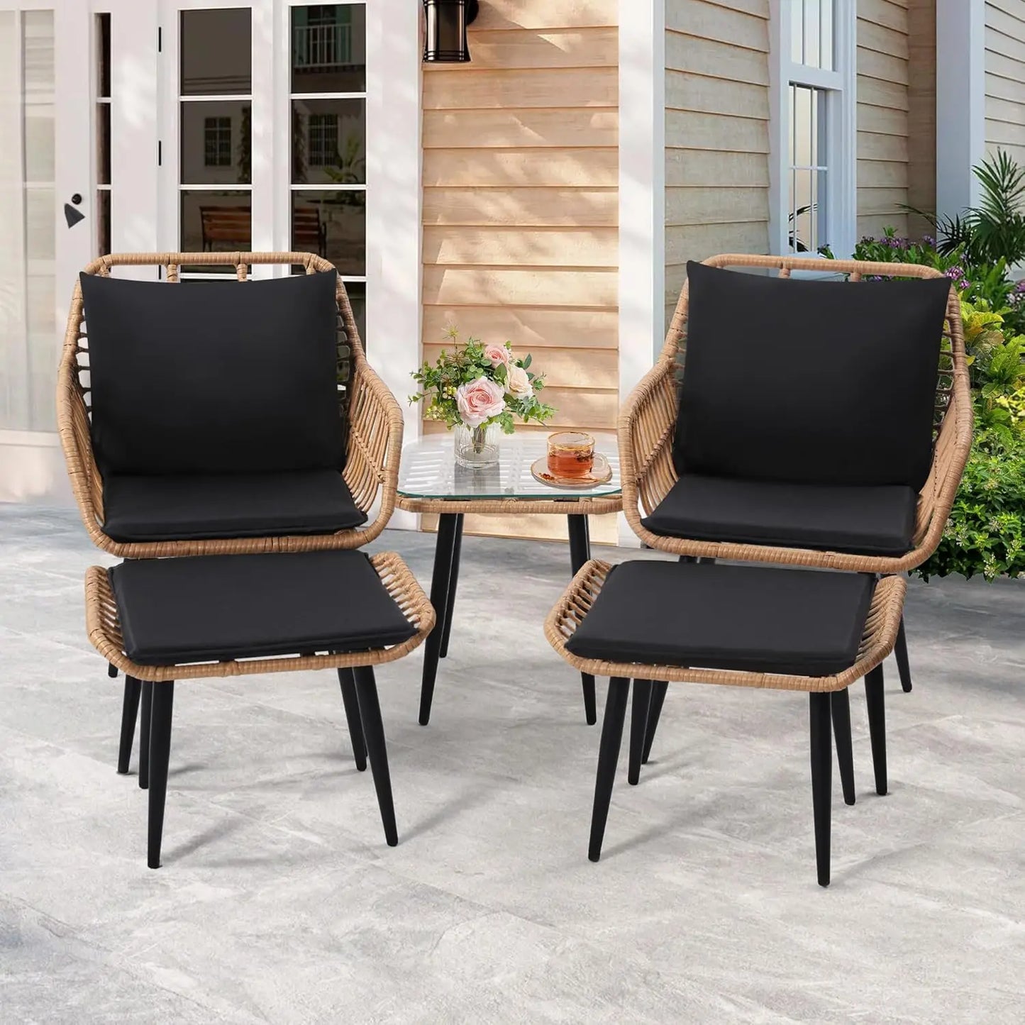 5 Piece Wicker Bistro Patio Set 2 Chairs 2 Ottomans Natural