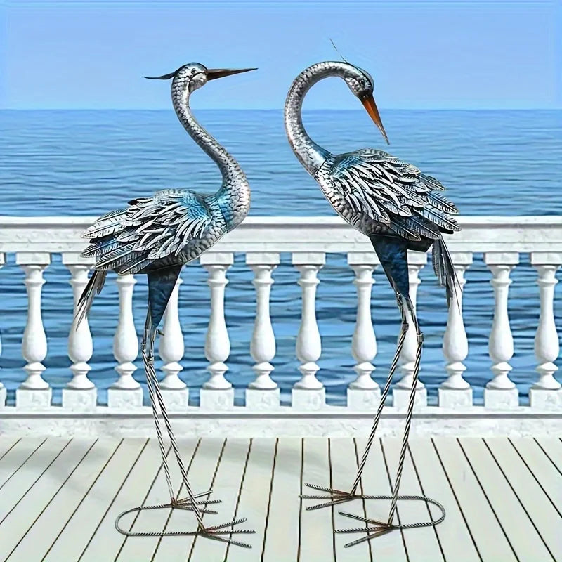Blue Heron Rustic Metal Garden Crane Statues for Outdoor Decor