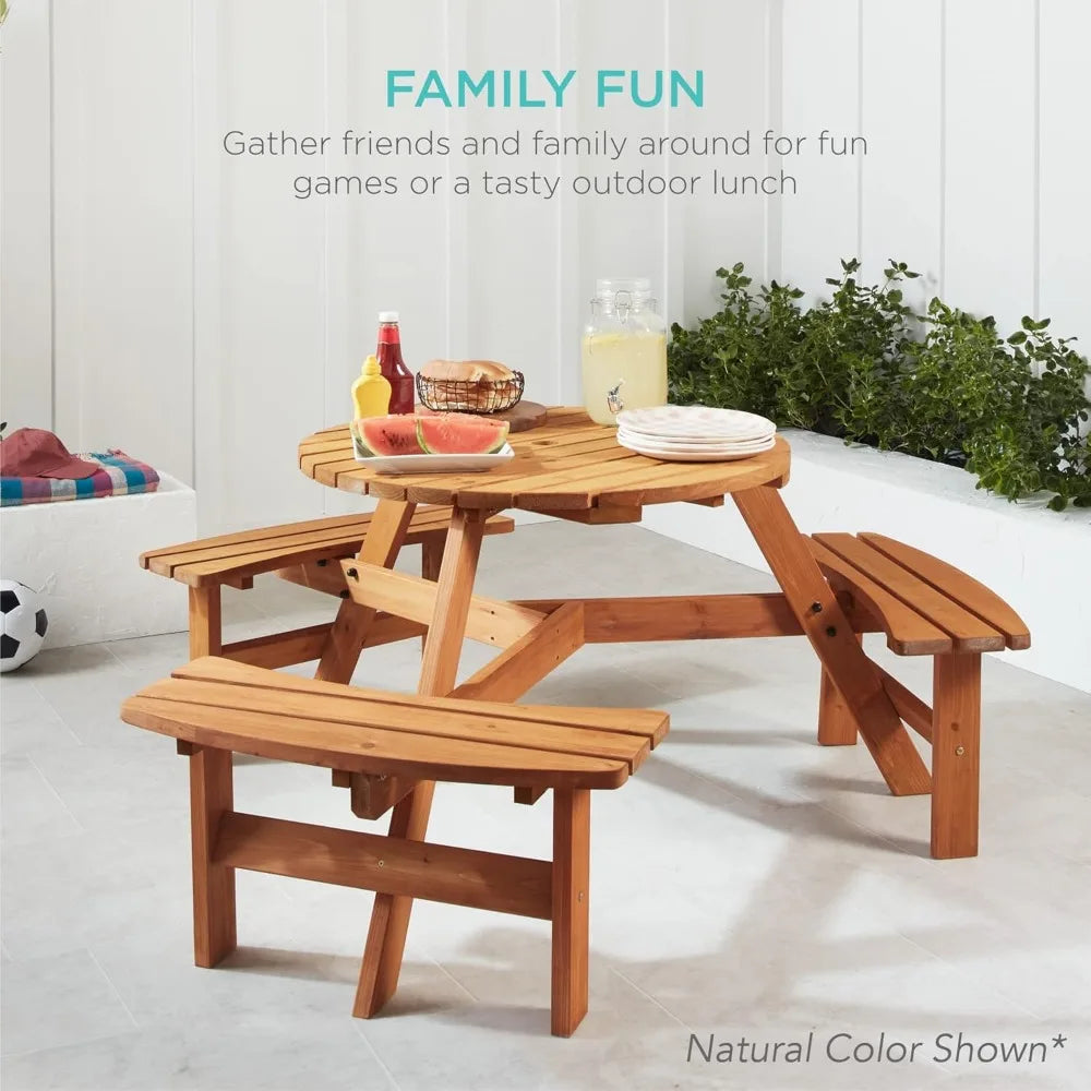 6-Person Circular Outdoor Wooden Picnic Table for Patio