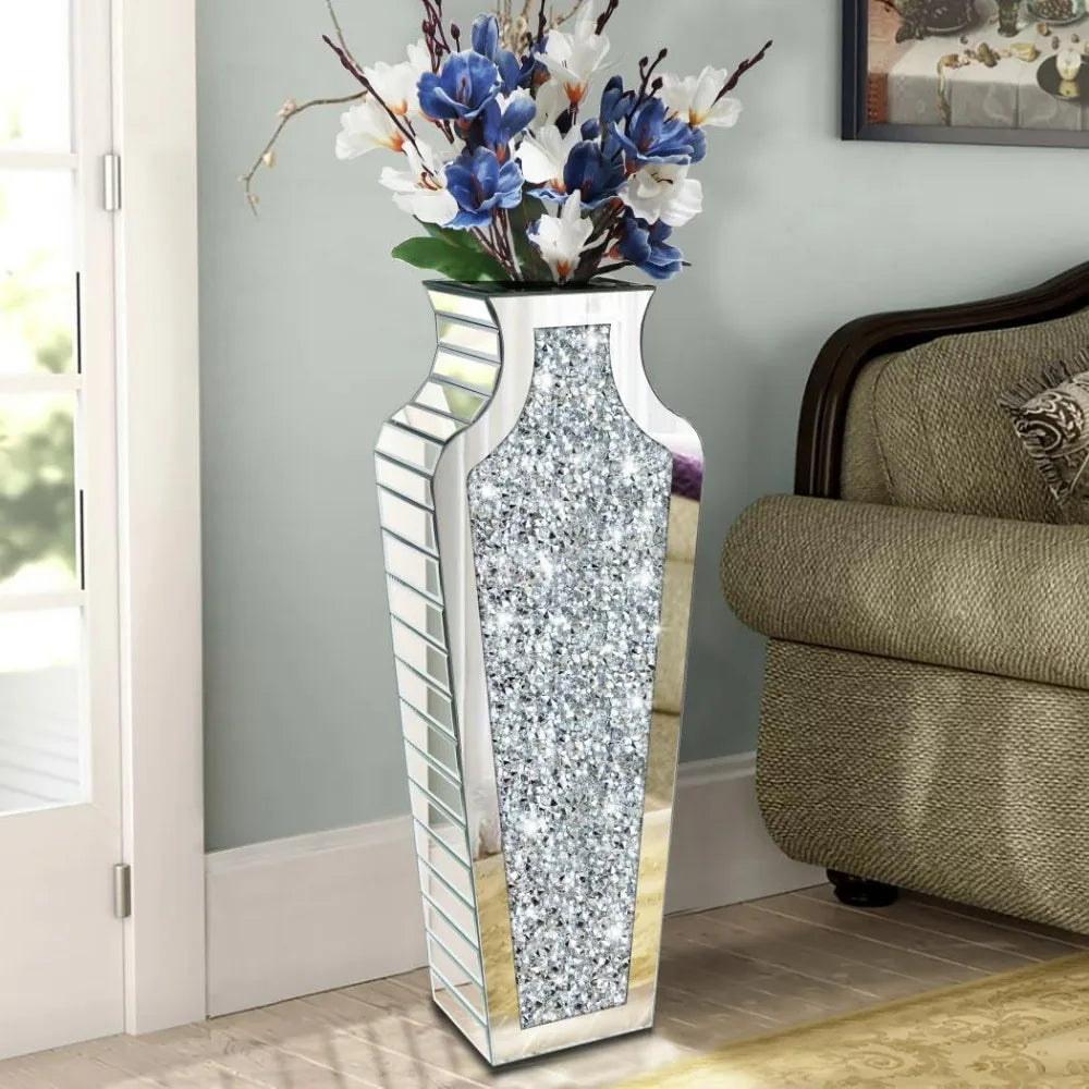 Crystal Silver Floor Vase, Broken Diamond Decorative Mirror