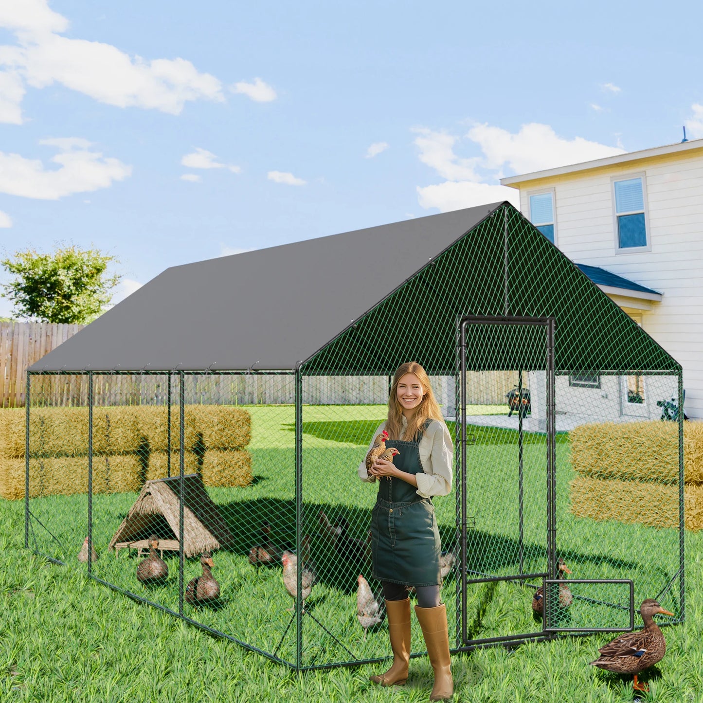 L XL XXL Upgraded Heavy Duty Metal Chicken Coop w/ Cover and Nylon Netting Pet Animal Poultry Run Hen House for Outdoor Backyard