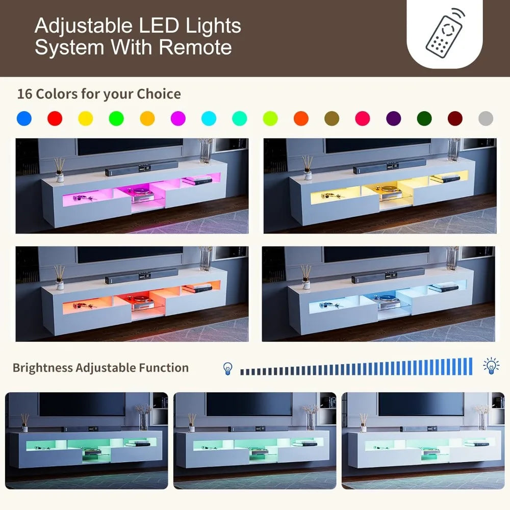 LED Floating TV Stand for 85 Inch TV with 2 Cabinets