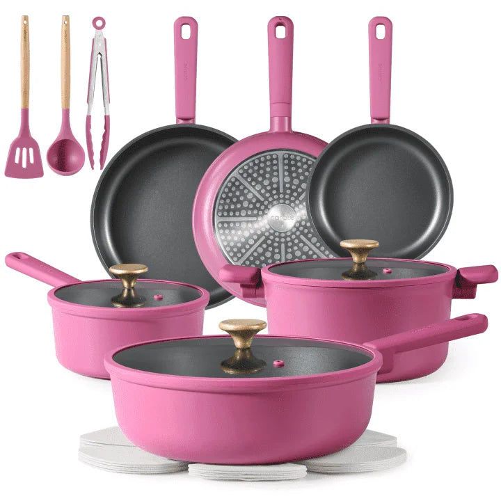 Kitchen Cookware Sets, Nonstick Pots and Pans Set, 17 Pcs, Rose Pink