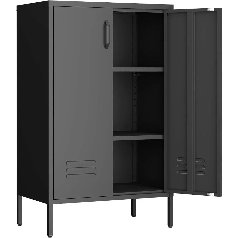 Metal Storage Cabinet Two Door Locker With Shelves Black