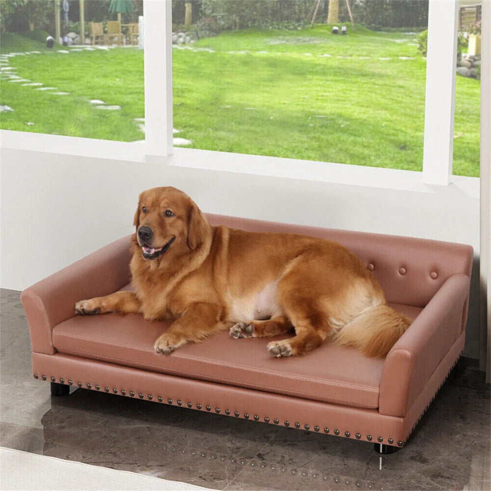 Large Elevated PU Leather Dog Bed With Removable Cushion
