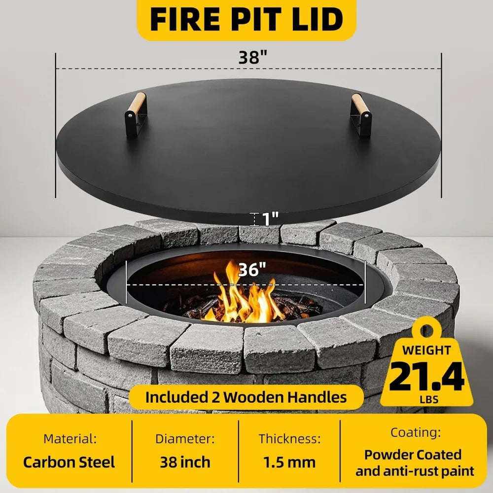 Round Fire Pit Lid 38 Inch Rust Resistant With Wooden Handle