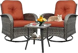 3-Piece Swivel Rocker Wicker Chair Set of 2 for Outdoor Use