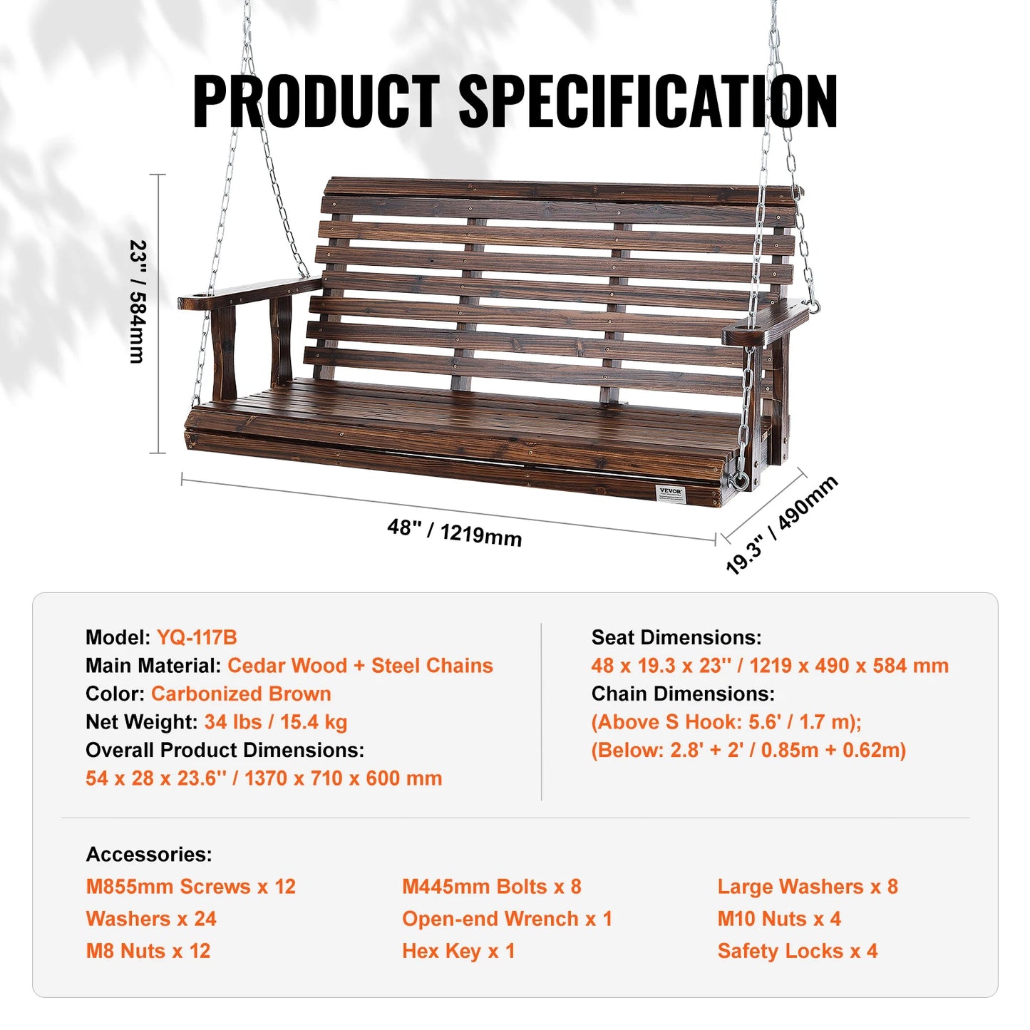 SucceBuy Cedar Wood Porch Swing 5 Ft Patio Bench 880 Lbs
