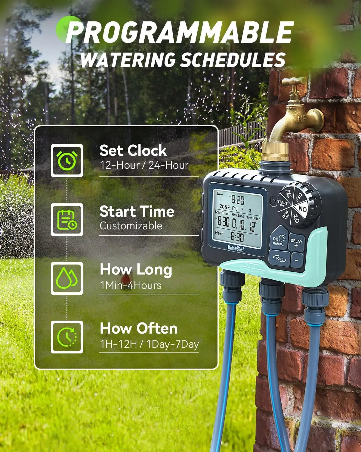 3 Zone Sprinkler Timer with Brass Inlet for Garden Hose