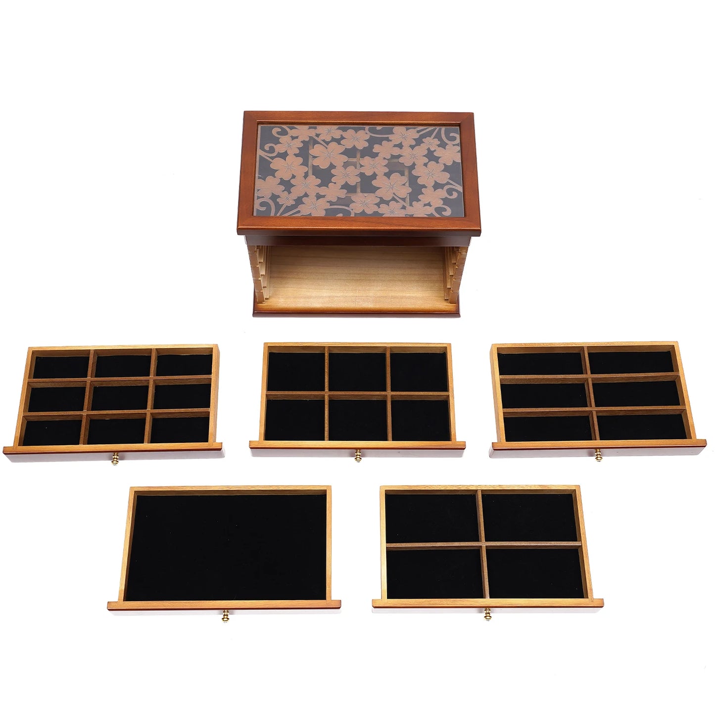 Vintage Wooden Jewelry Box With 6 Compartments For Rings