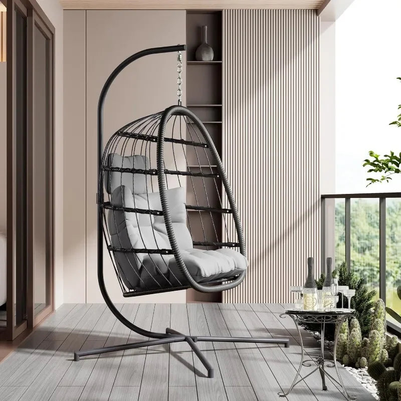 Hanging Egg Chair With Stand Grey Cushioned Patio Wicker