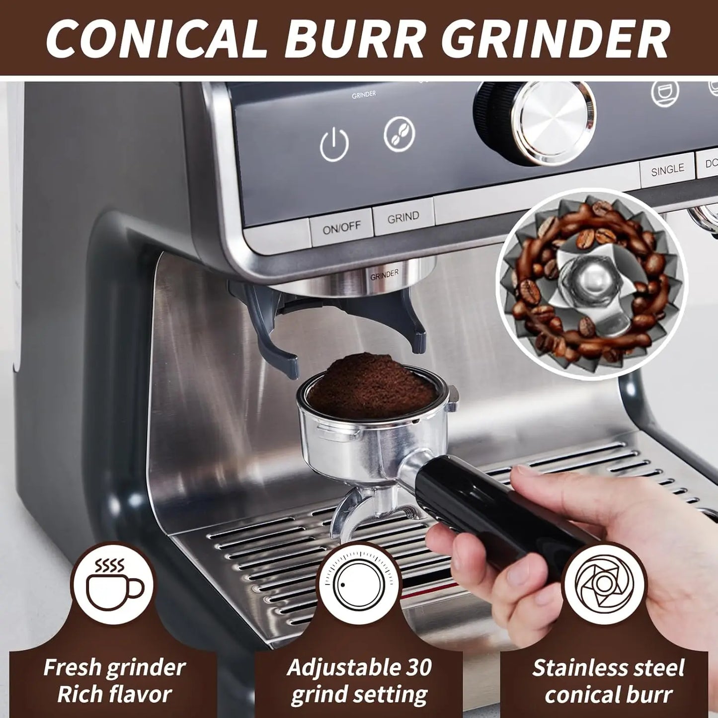 Acekool Espresso Machine Grinder Milk Frother 20 Bar