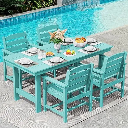 Patio Table Set, Outdoor HDPE Dining Furniture with Umbrella Hole, 5-Piece Dining Chair Set
