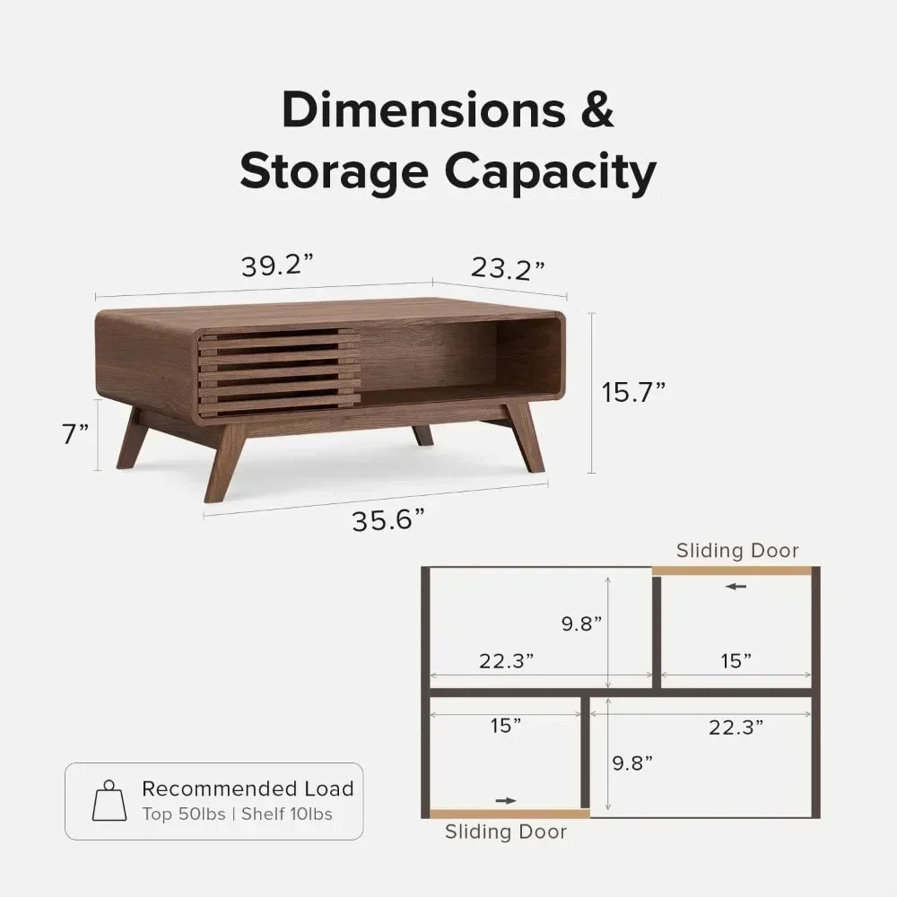 Mid Century Modern Coffee Table with Storage Fluted Design