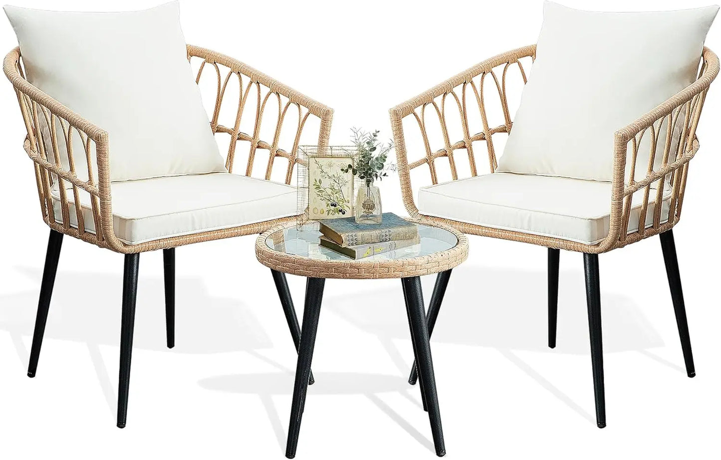 3 Piece Patio Bistro Set, Outdoor Wicker Balcony Rattan. Compact & Versatile; Comfortable Seating; Elegant Coffee Table; Multi-Functional Ottomans.