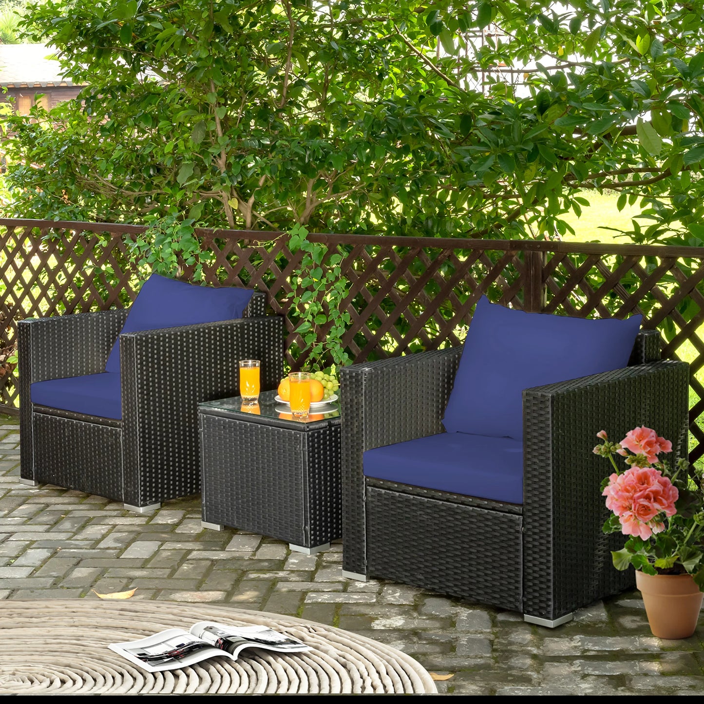 3PCS Patio Rattan Wicker Furniture Set Sofa Table W Cushion Navy