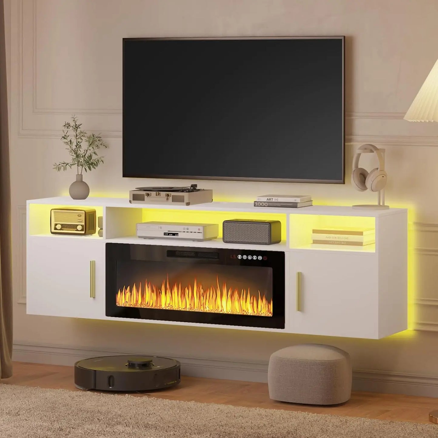 Floating Fireplace TV Stand with LED Lights Modern 70 Inch