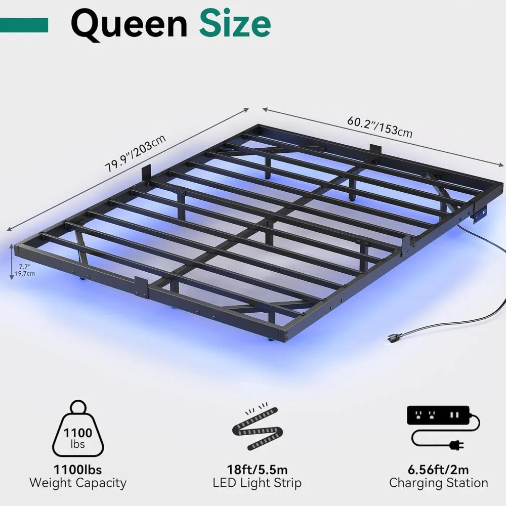 Floating Bed Frame Queen Size with LED Charging Station