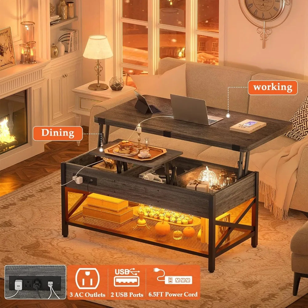 Coffee Table Lift Top Multi-Function Coffee Table Converts to Dining Table with LED Light and Power Outlet