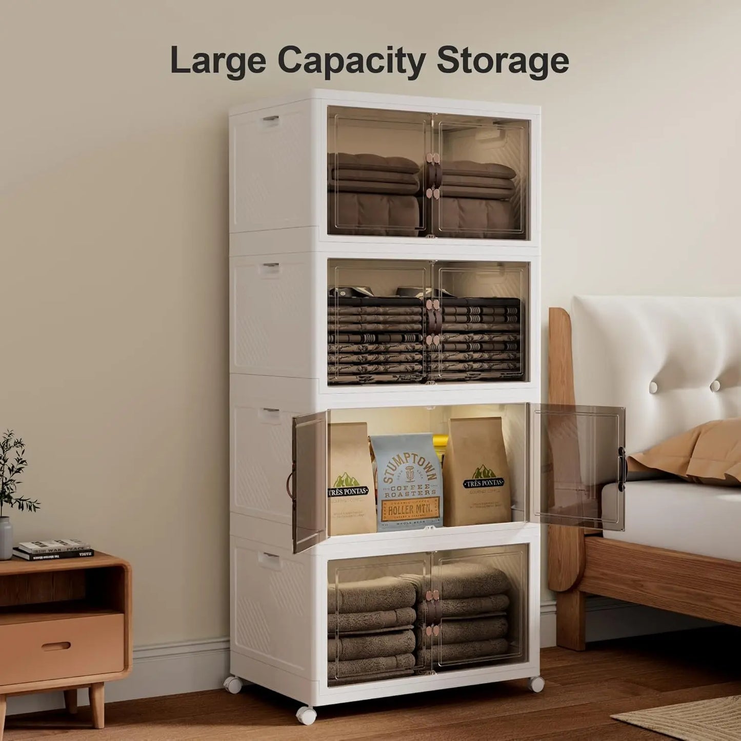 Folding Storage Bins Organizer with Wheels, Stackable Container