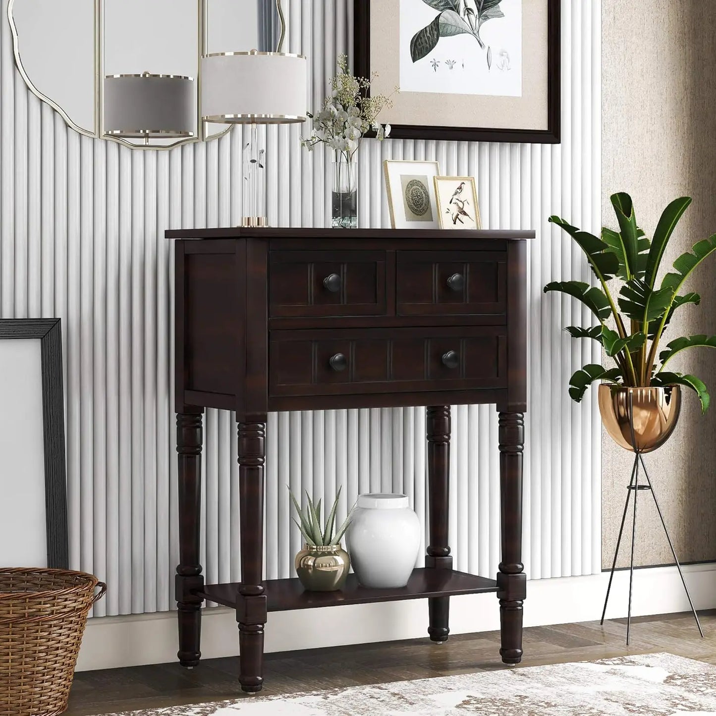 Slim Antique Entry Console Table with Drawers and Shelf