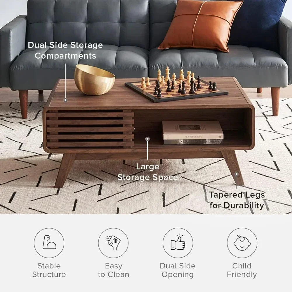 Mid Century Modern Coffee Table with Storage Fluted Design