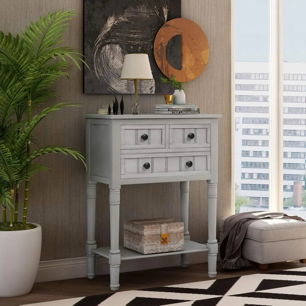 Slim Antique Entry Console Table with Drawers and Shelf