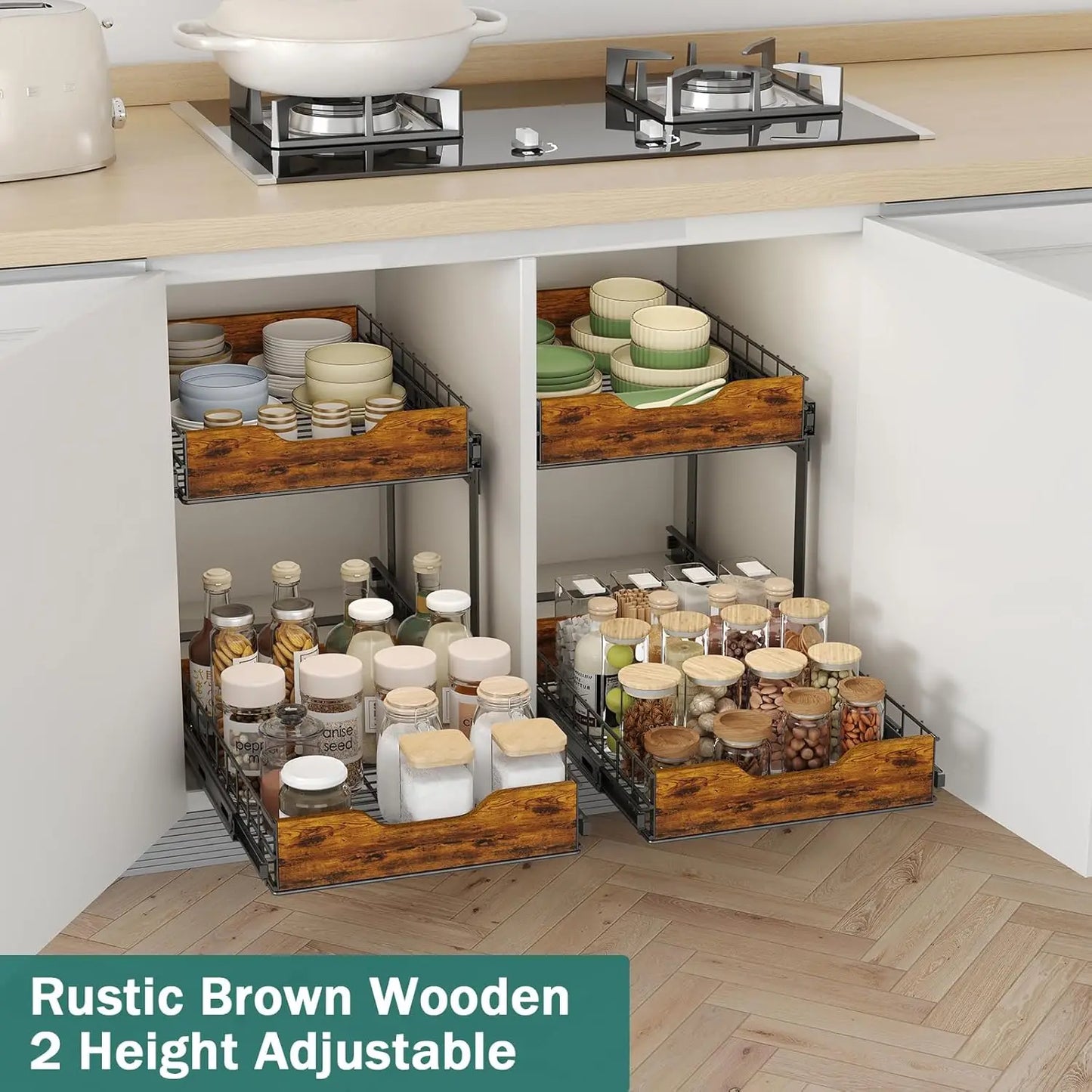 2 Tier Pull Out Cabinet Organizer 16W X 21D Adjustable Drawers